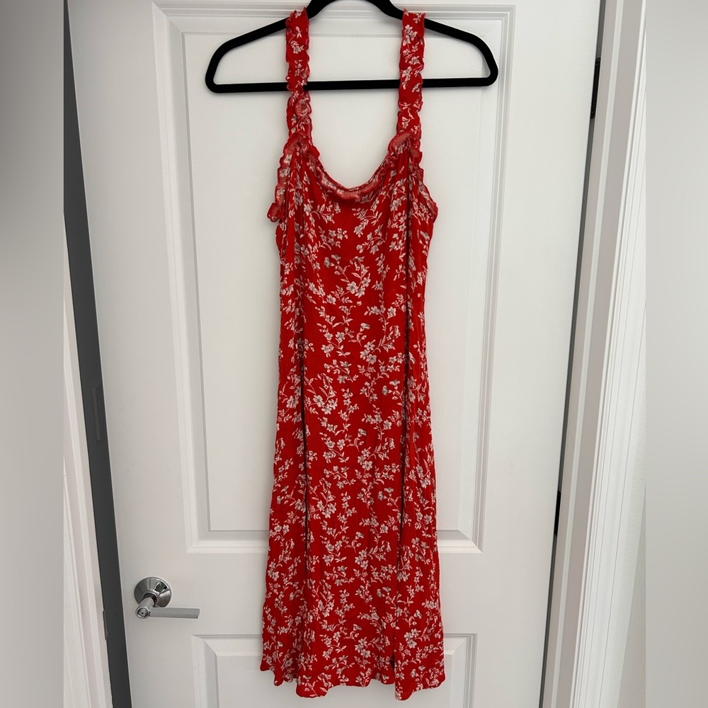 Lulus Red Floral Midi Sundress Womens XL Smocked Bodice, Vacation/Layering Dress
